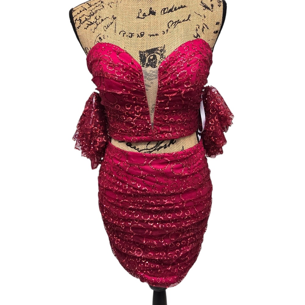 Rachel Allan 2 Piece Set Sequin Ruched Corset Dress Red XS (4-6) Prom Homecoming